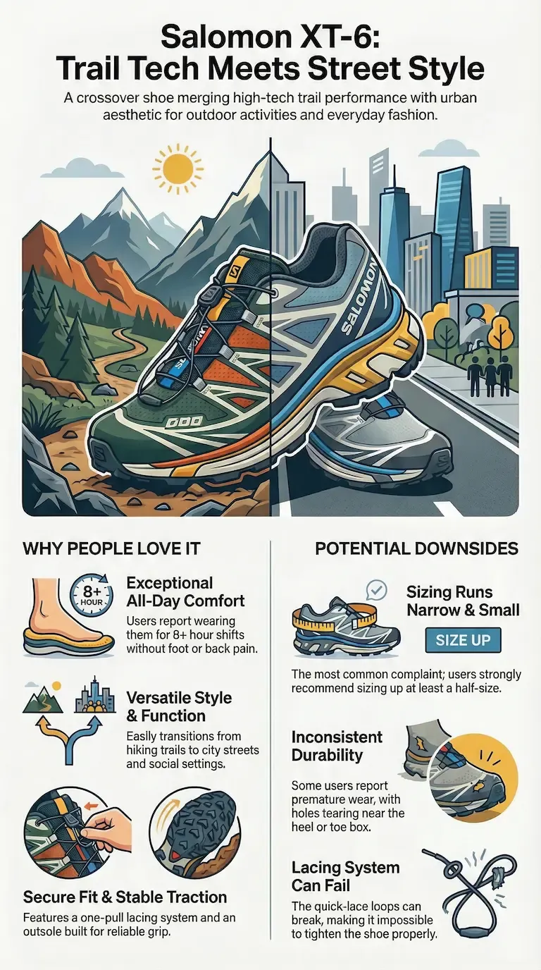 Infographic review of the Salomon XT-6 highlighting its all-day comfort, versatile trail-to-city design, and stable traction, alongside drawbacks such as narrow sizing, inconsistent durability, and potential quick-lace system failures.