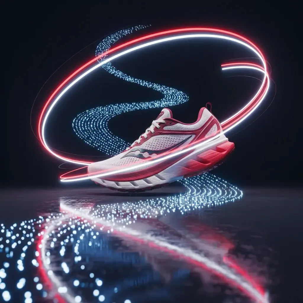 Square image of a Saucony-style racing shoe cutting through dotted river-wave light trails with a sleek rocker arc highlight.