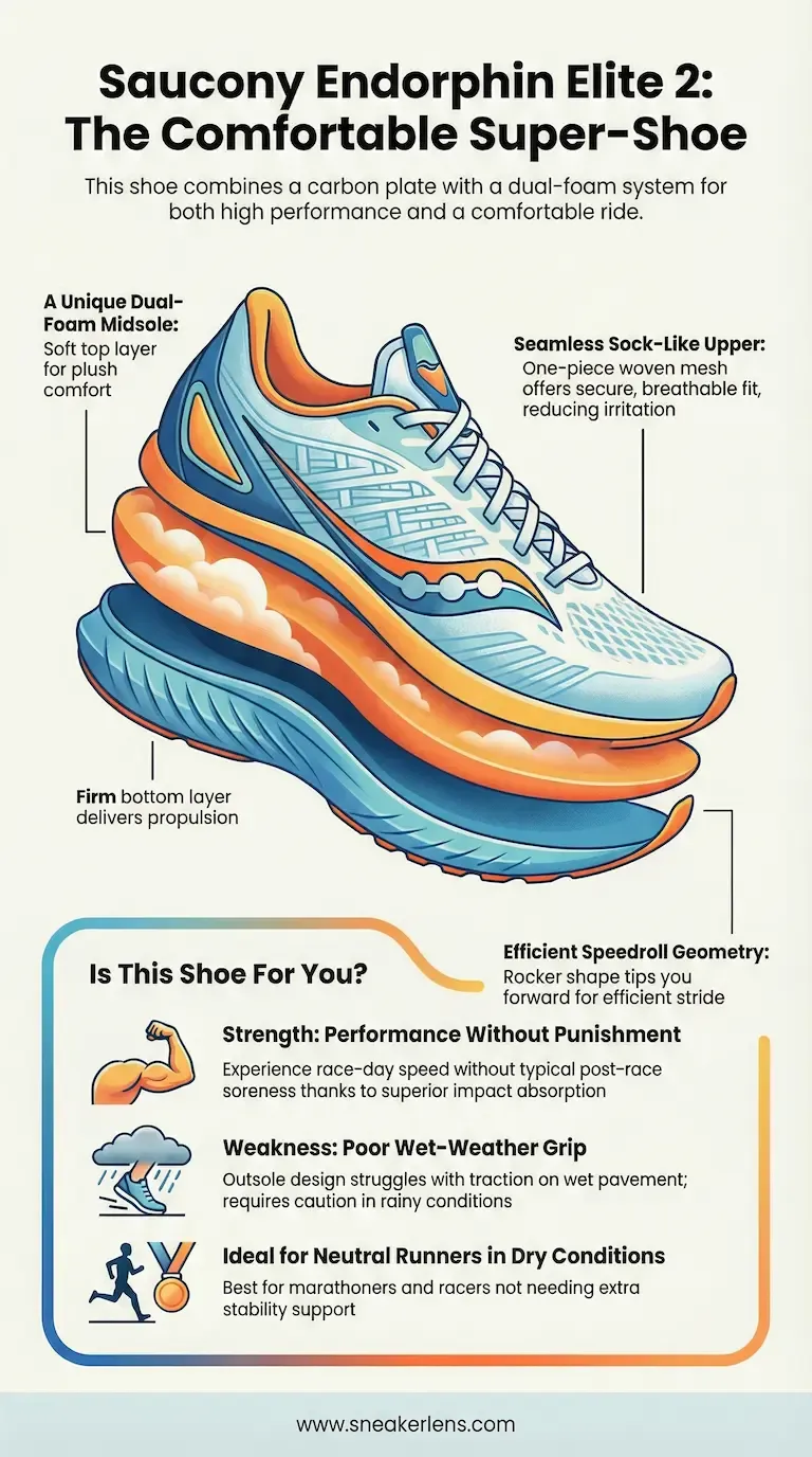 This infographic details the Saucony Endorphin Elite 2 running shoe's features. It highlights the dual-foam midsole, sock-like upper, and speedroll geometry for performance.