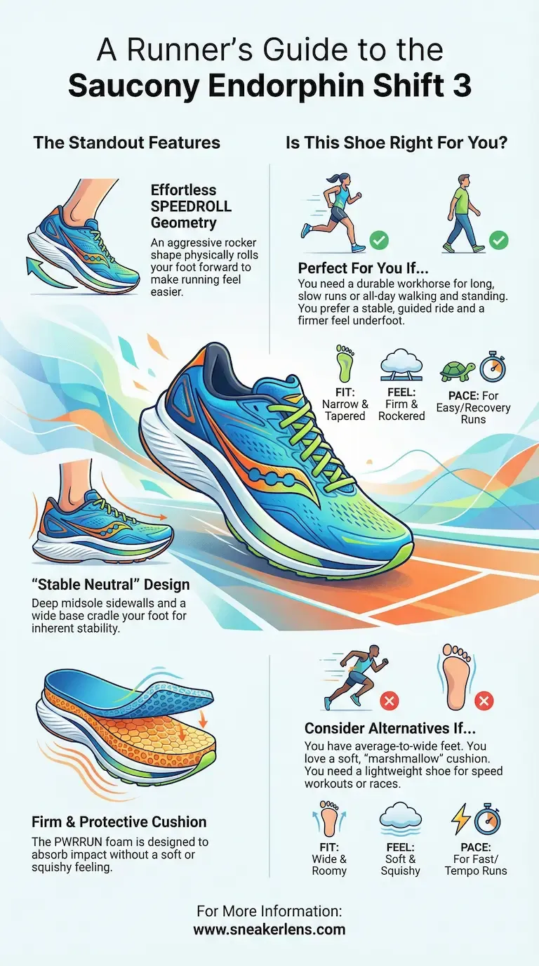 Infographic guide to the Saucony Endorphin Shift 3, detailing the aggressive SPEEDROLL geometry, stable neutral design with deep sidewalls, and firm PWRRUN cushioning for recovery runs.