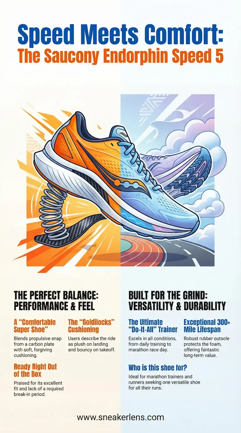 Acoording to infographic this running shoe combines speed with comfort. Ideal for marathon training and daily runs with its responsive cushioning.