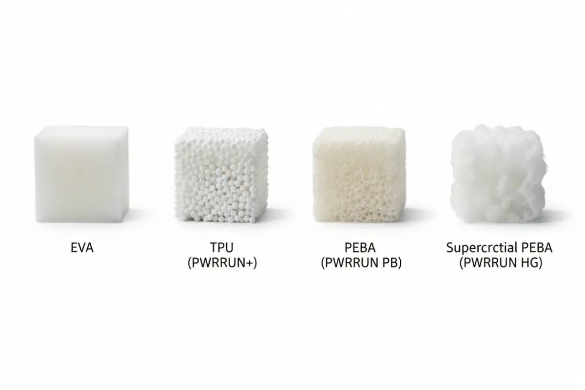 A visual comparison of four types of running shoe foam: traditional EVA, TPU, PEBA, and supercritical PEBA, showing the evolution of cushioning technology.