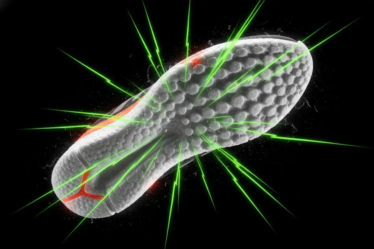 A close-up image showing the textured, beaded midsole of a high-performance running shoe, with light effects suggesting energy return and impact absorption.