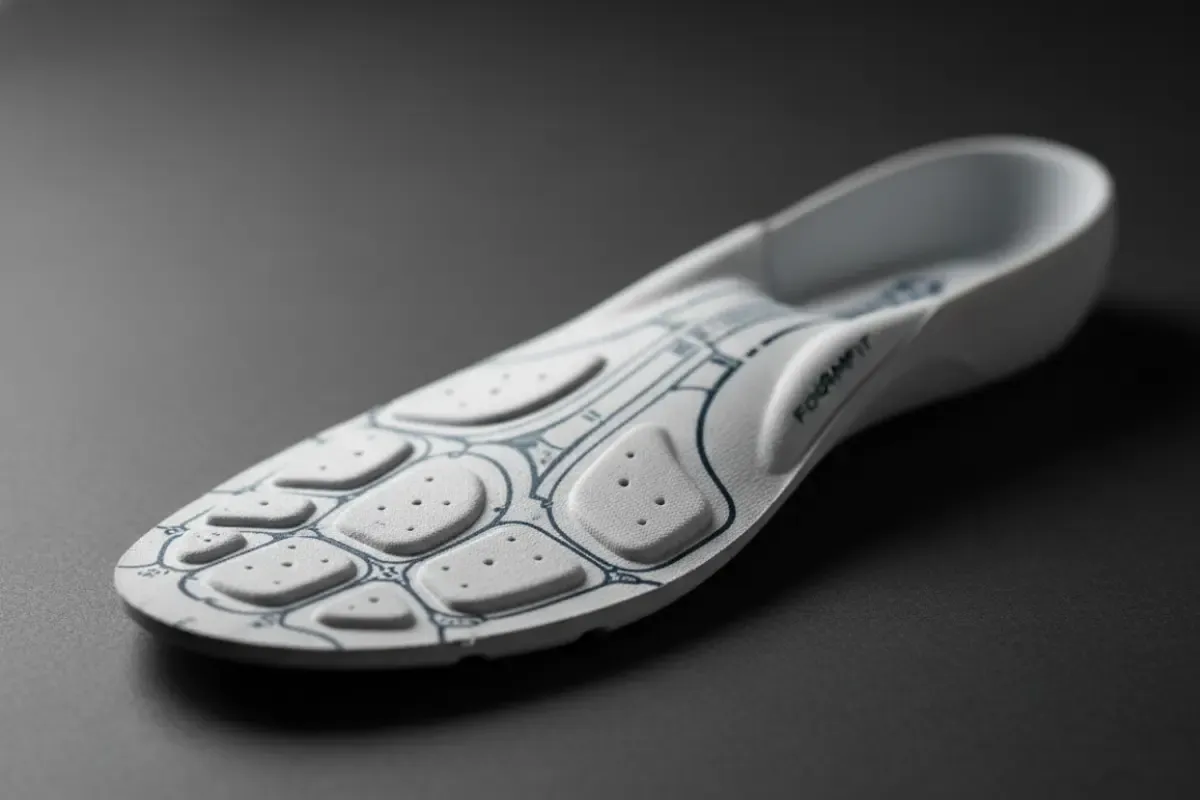 A detailed view of a Saucony FORMFIT insole, showing its sculpted arch support and heel cup designed to cradle the foot.