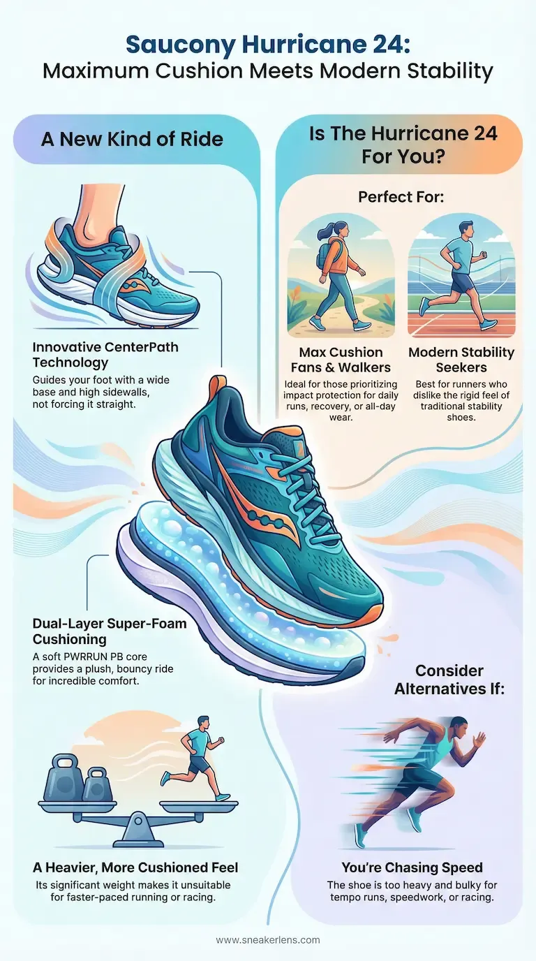 Infographic detailing the Saucony Hurricane 24 running shoe, highlighting the CenterPath Technology, Dual-Layer Super-Foam Cushioning, and its suitability for max cushion fans versus speed runners.