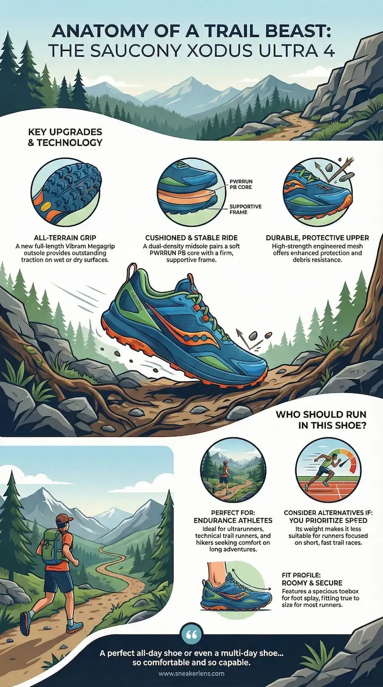 Infographic displaying the anatomy of the Saucony Xodus Ultra 4, highlighting the Vibram Megagrip outsole, PWRRUN PB dual-density midsole, and roomy fit for endurance trail runners.
