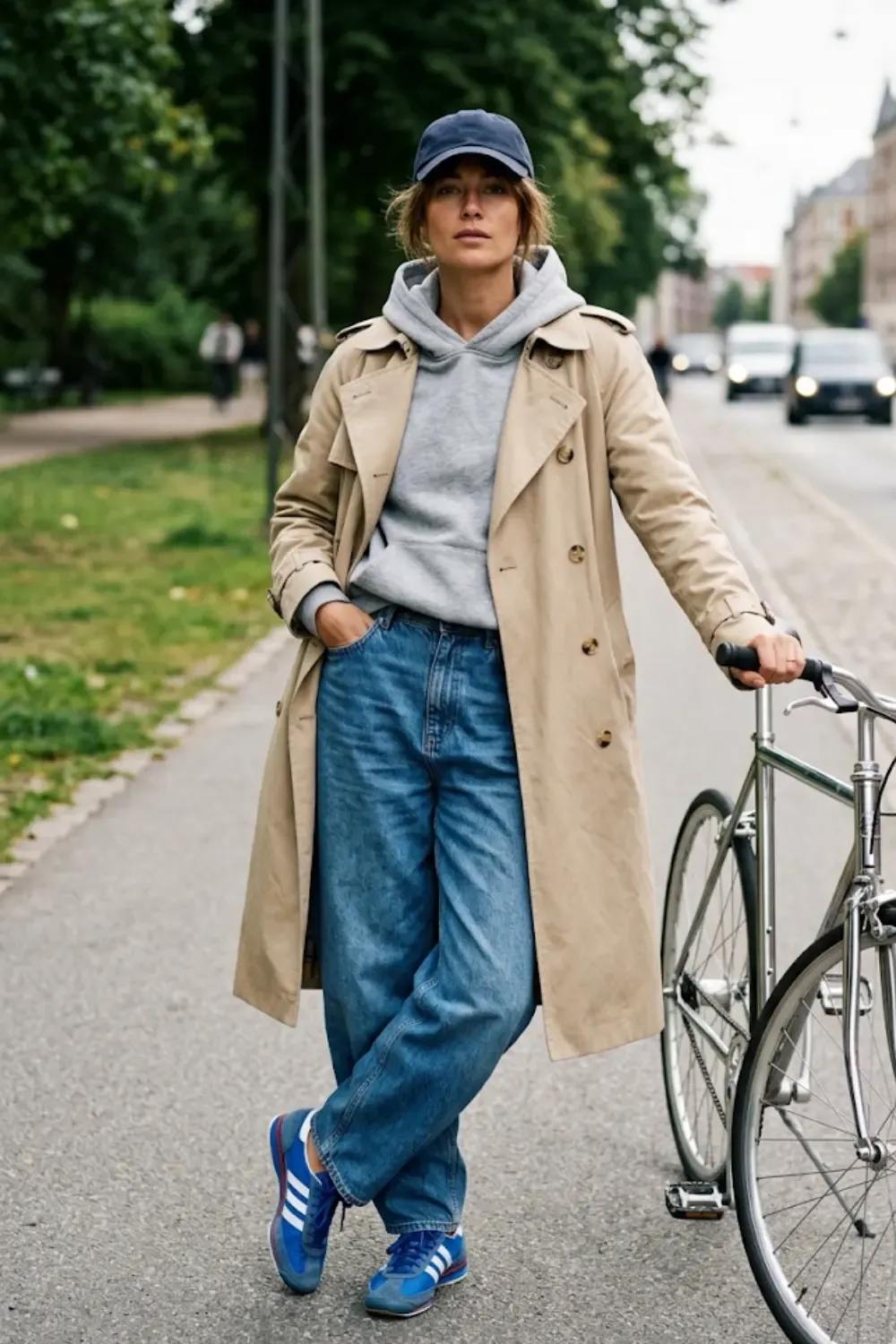 A woman showcasing the 'Wrong Shoe Theory' through mismatched proportions and classic layering