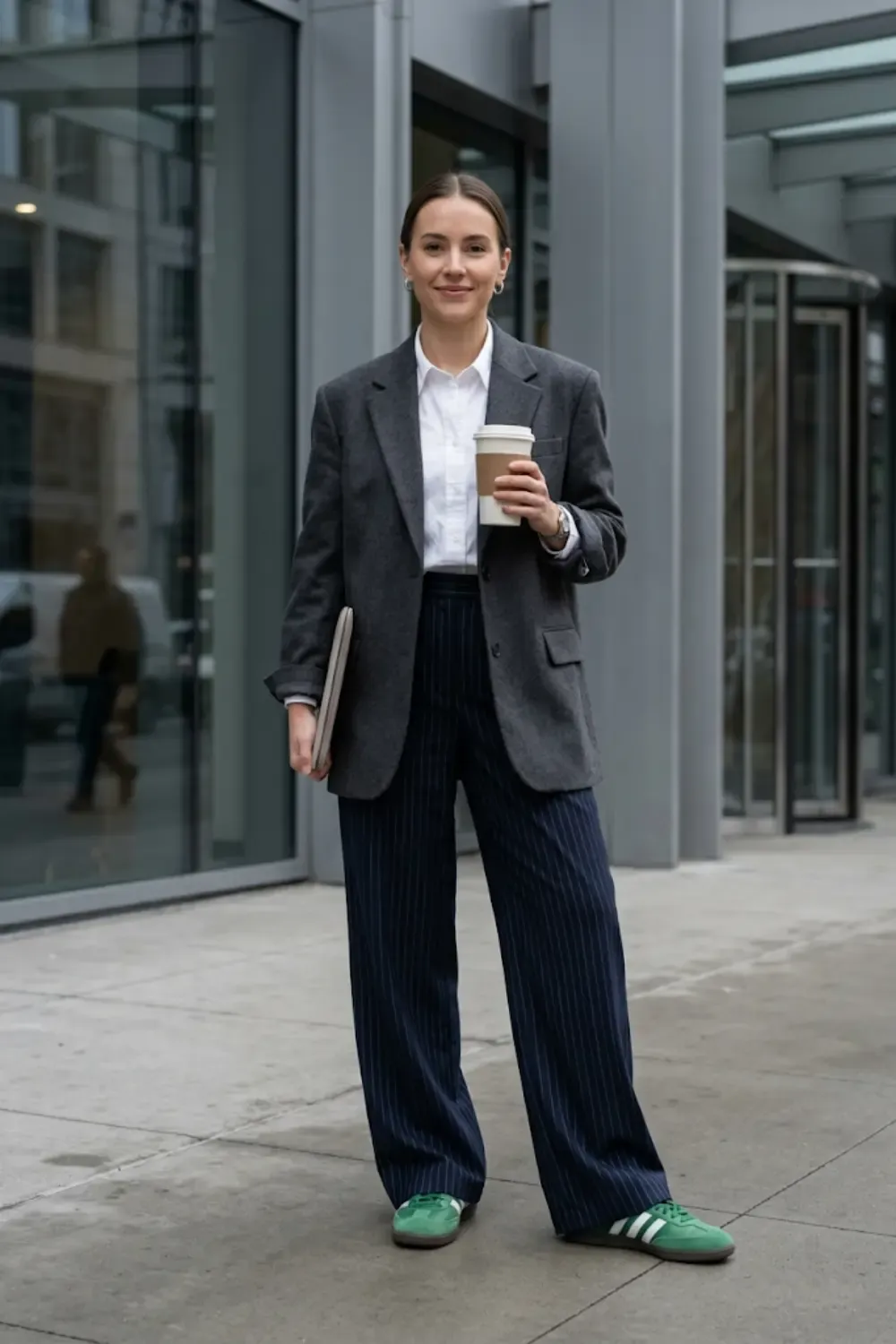 A modern professional woman blending corporate tailoring with urban street style.