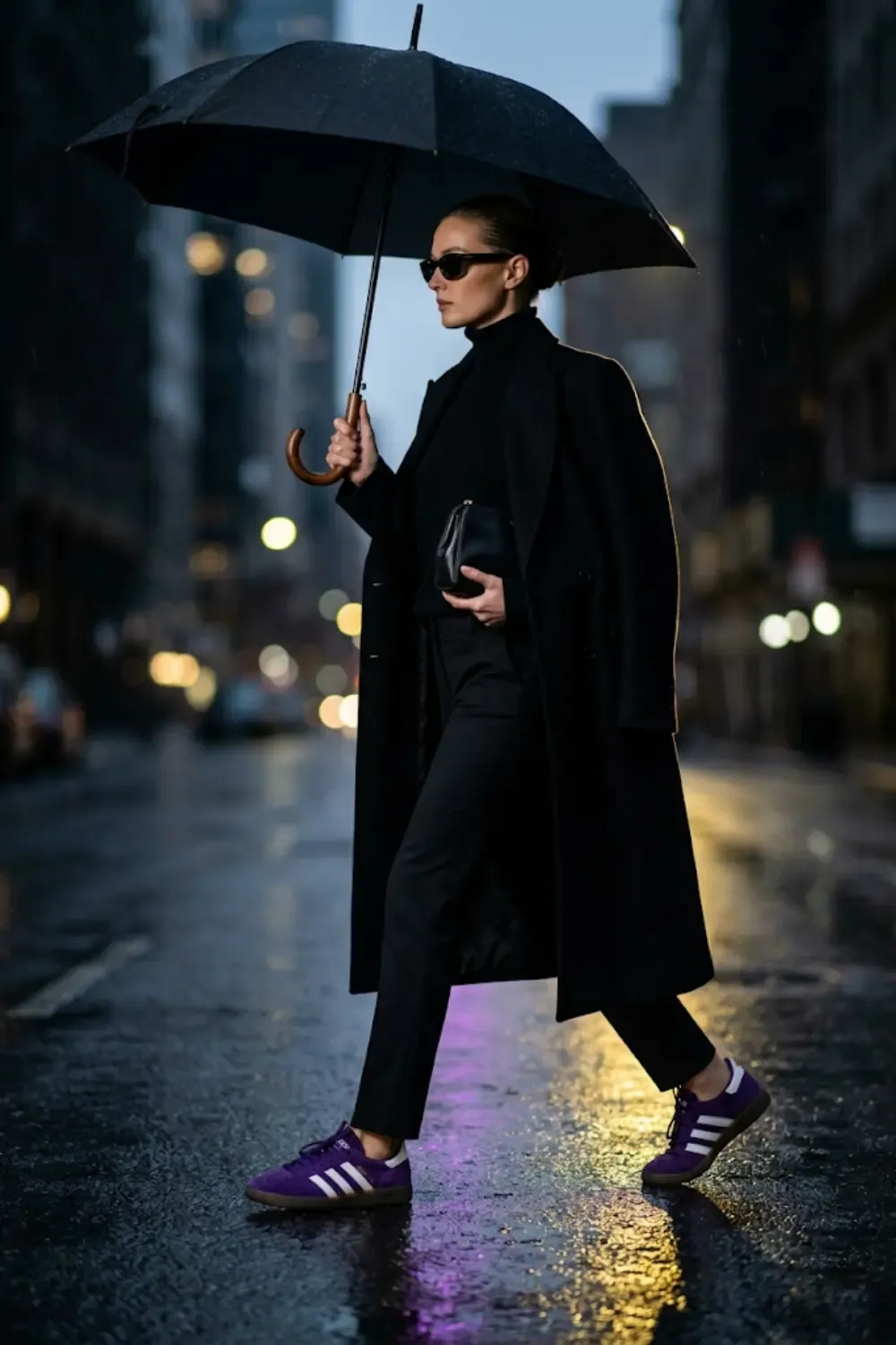 A woman demonstrating how to use a single bold color to break up a tonal, minimalist outfit.