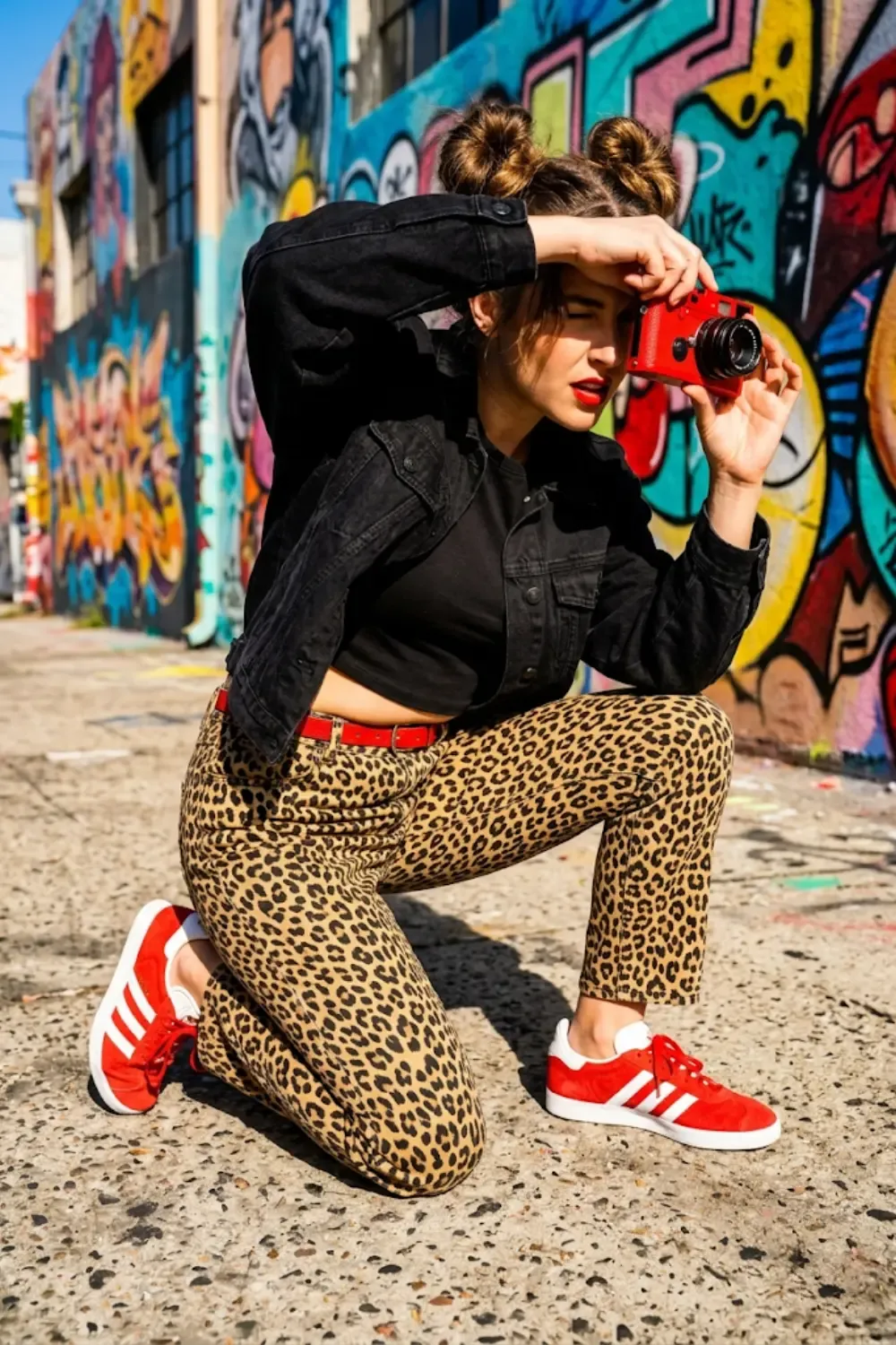 A maximalist fashion enthusiast embracing the leopard print and red sneaker trend.