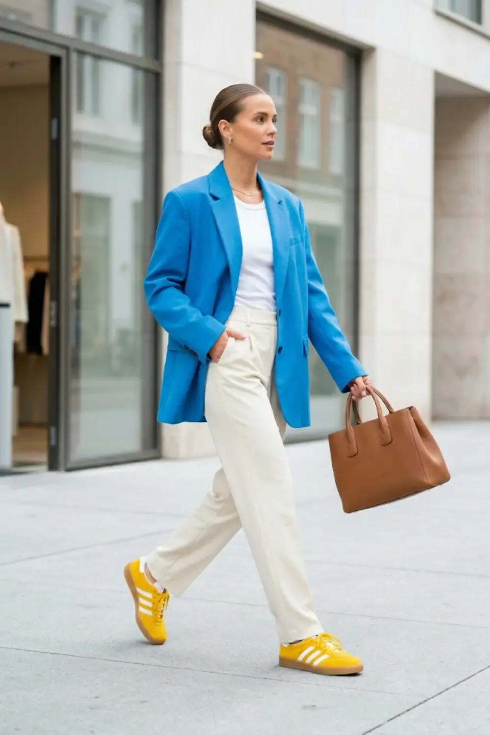 A stylish woman embodying the 'Scandi 2.0' aesthetic, wearing a vibrant, high-fashion ensemble that balances color and comfort.