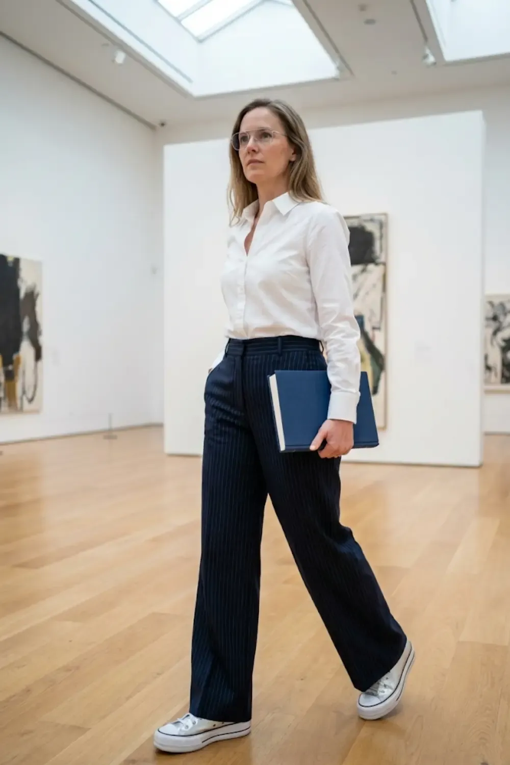 A woman showcasing an elevated corporate-creative look using voluminous silhouettes.