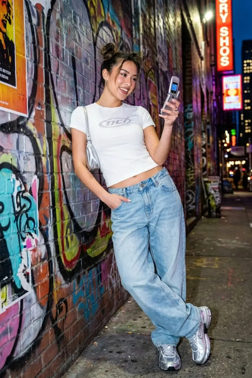 A woman embodying the 'Y2K Rewind' aesthetic, blending retro-futuristic vibes with comfortable, loose silhouettes.