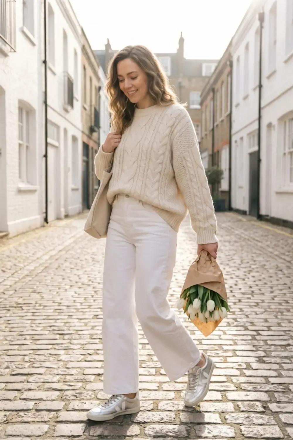 A woman styled in a cozy, high-end 'Winter White' ensemble that feels warm yet futuristic. With Silver Veja Volley