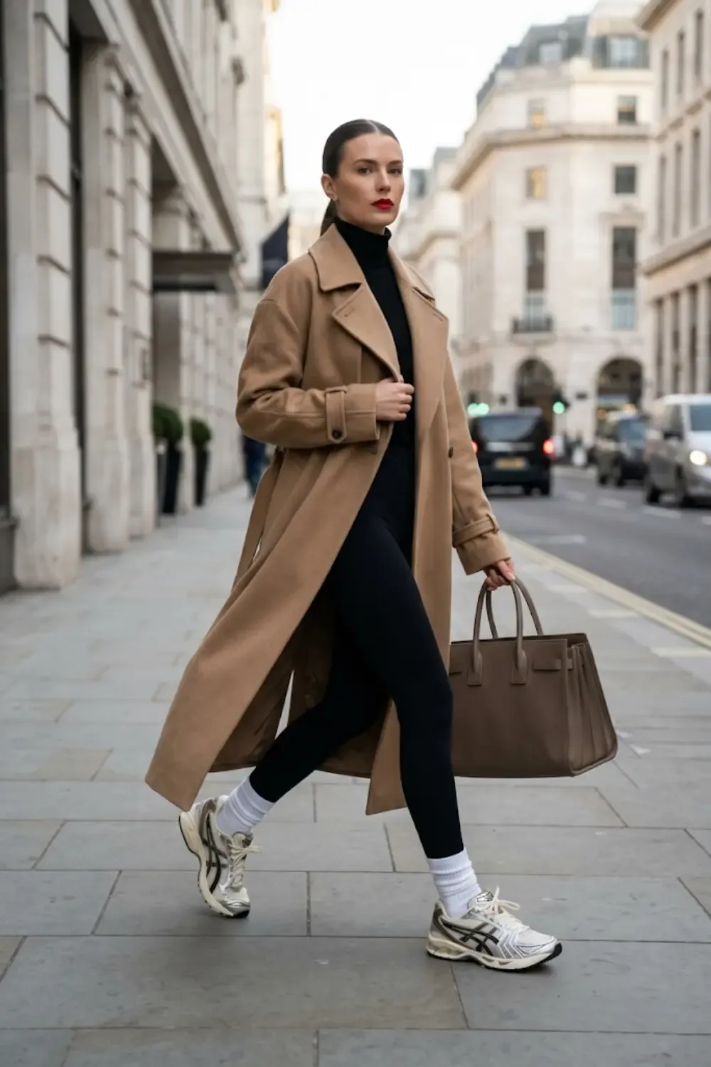 A 'High-Fashion Street' woman mixing formal and athletic elements.