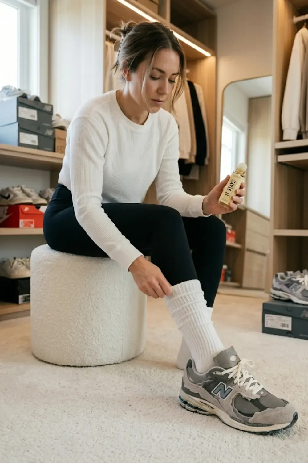 A style-conscious woman demonstrating the 'Accordion Manipulation' technique in a brightly lit, minimalist dressing room.