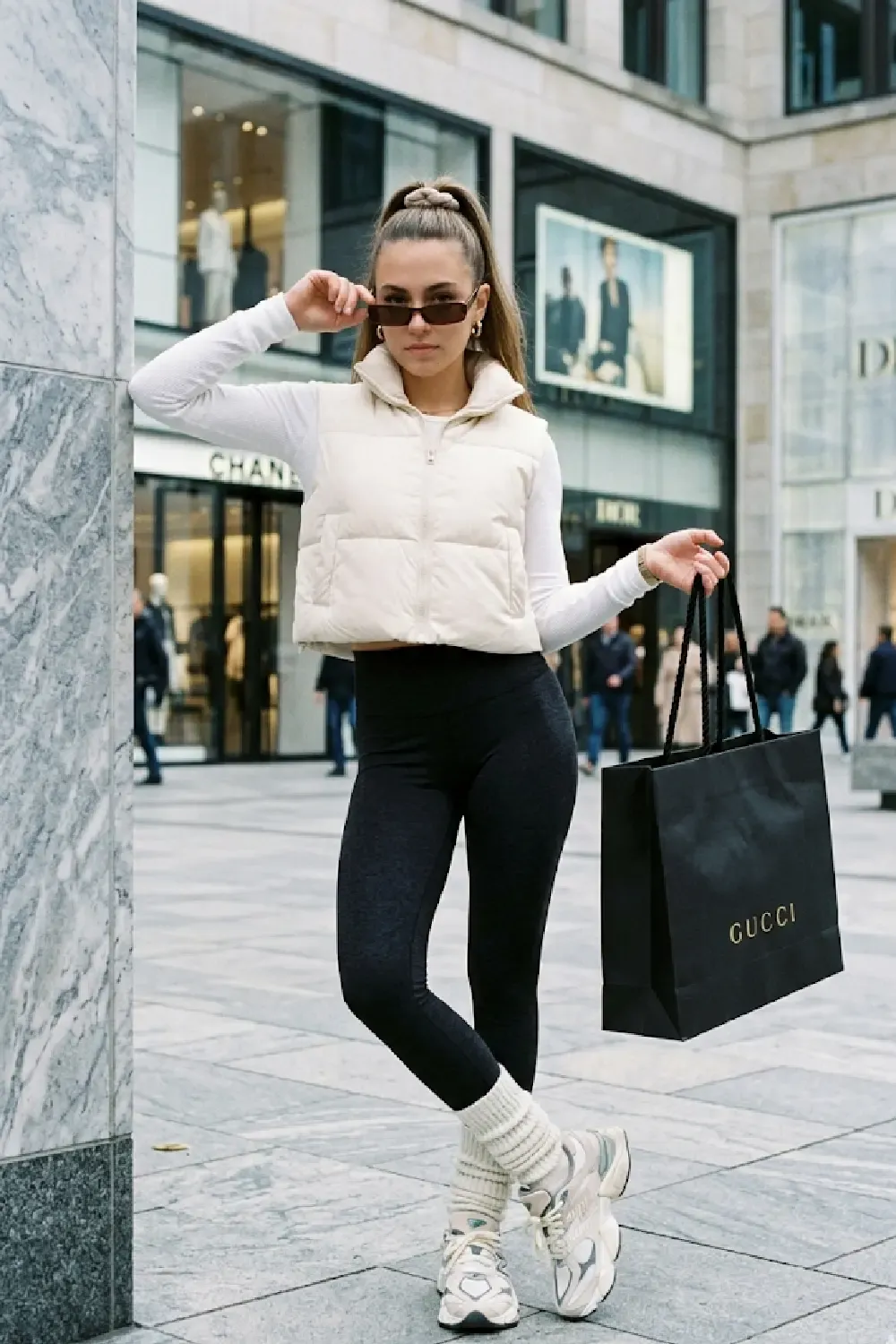 A trend-focused woman embodying the 'Retro-Futuristic' athleisure aesthetic.