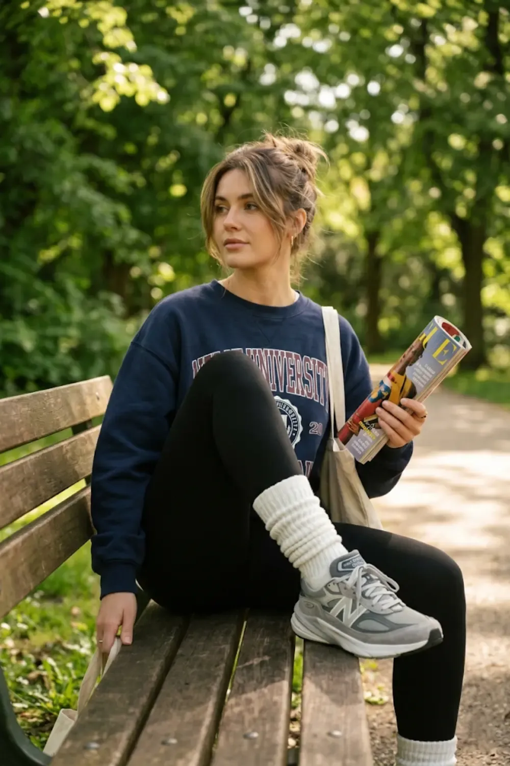 A woman embodying 'Nostalgic Comfort' with a nod to 90s aerobic fashion.