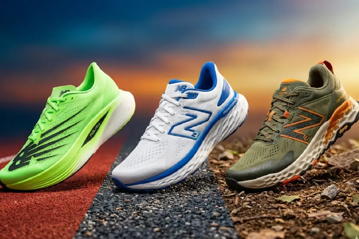 A high-quality, photorealistic thumbnail composition featuring three distinct New Balance running shoes arranged dynamically on a split surface.