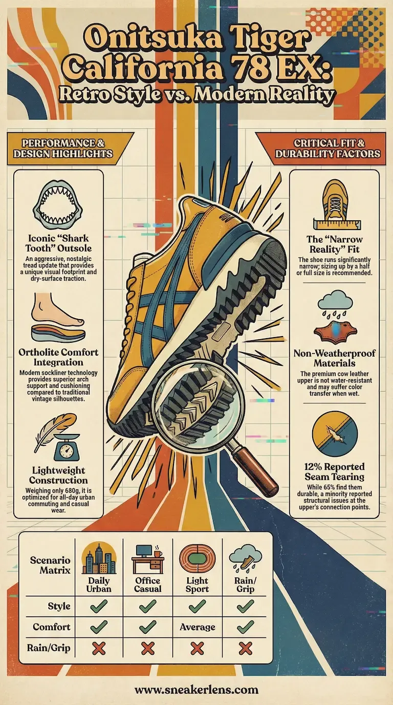 Onitsuka Tiger California 78 EX infographic showing shark tooth outsole, narrow fit warning, and 12% reported seam tearing stat.