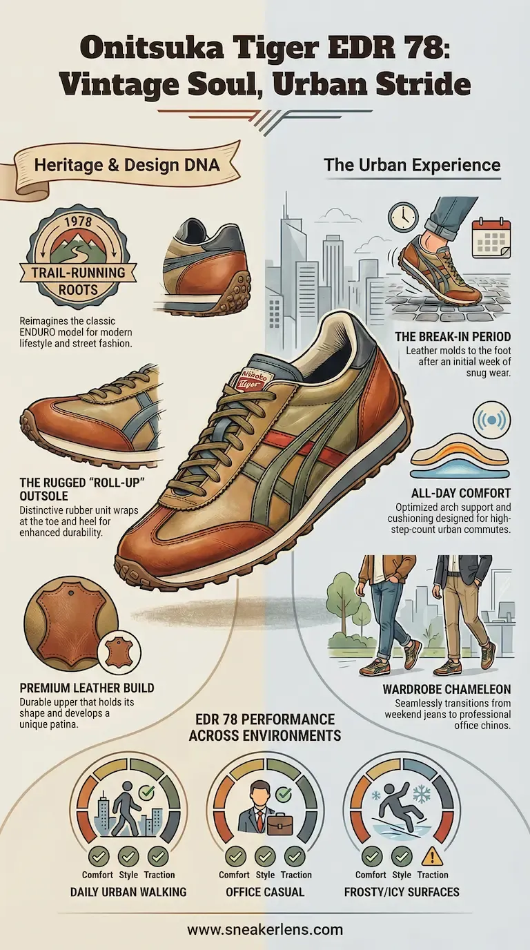 Onitsuka Tiger EDR 78 infographic showing rugged roll-up outsole, trail-running roots, and frost/ice traction warning.