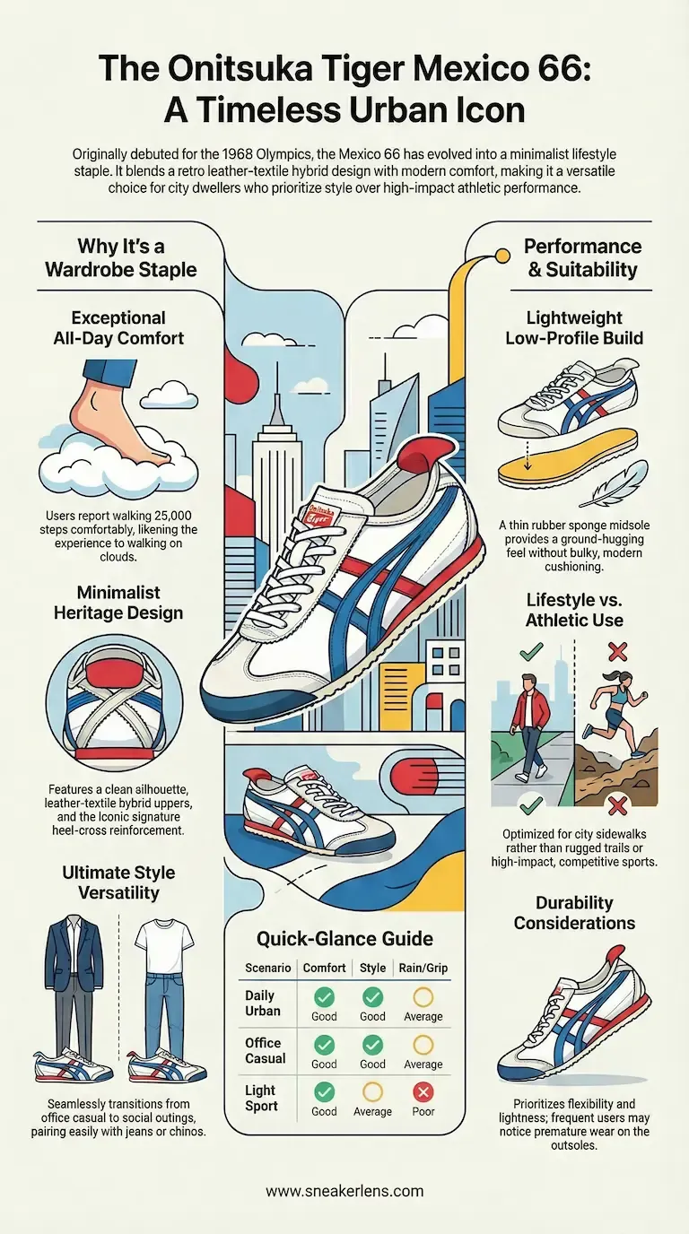 Onitsuka Tiger Mexico 66 infographic showing 25,000 steps comfort claim, lifestyle vs athletic use comparison, and durability notes.