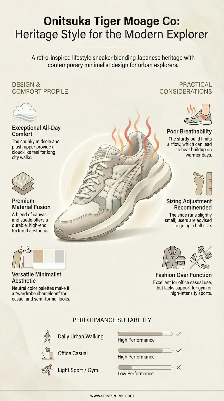 Onitsuka Tiger Moage Co infographic highlighting poor breathability warning, fashion-over-function ethos, and sizing adjustment advice.