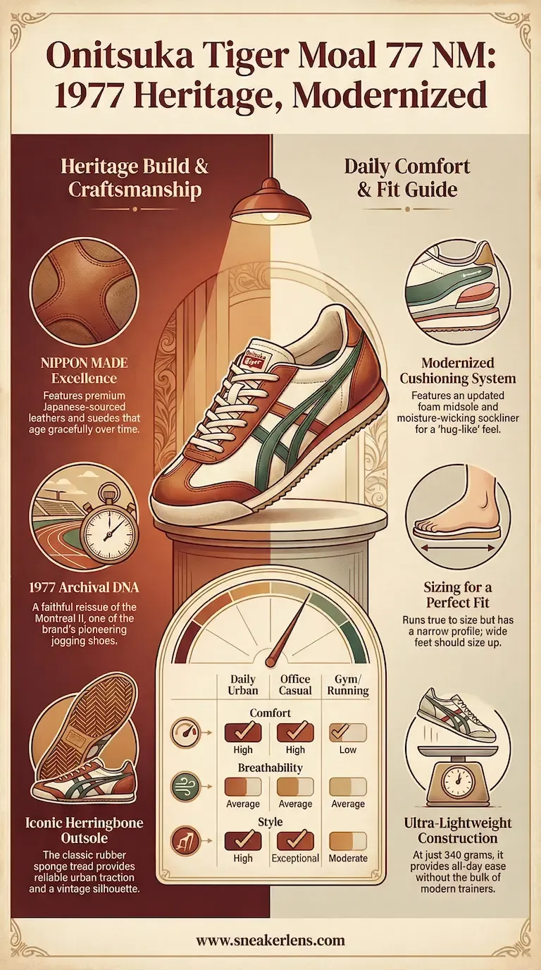 Onitsuka Tiger Moal 77 NM infographic showing NIPPON MADE excellence, 340g lightweight build, and 1977 archival DNA.