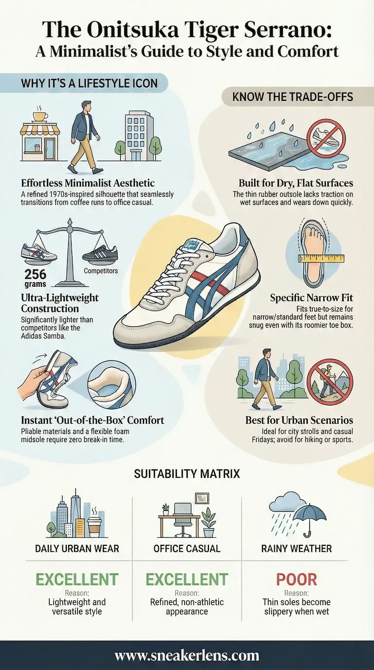 Onitsuka Tiger Serrano infographic showing 256g ultra-lightweight build, wet surface warning, and zero break-in time.