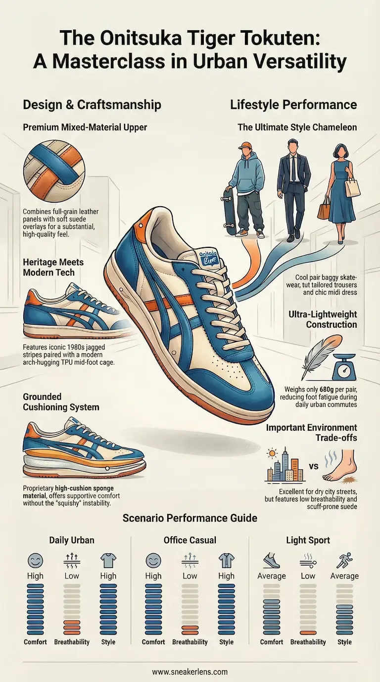 Onitsuka Tiger Tokuten infographic highlighting style chameleon versatility, 680g weight, and arch-hugging TPU cage.