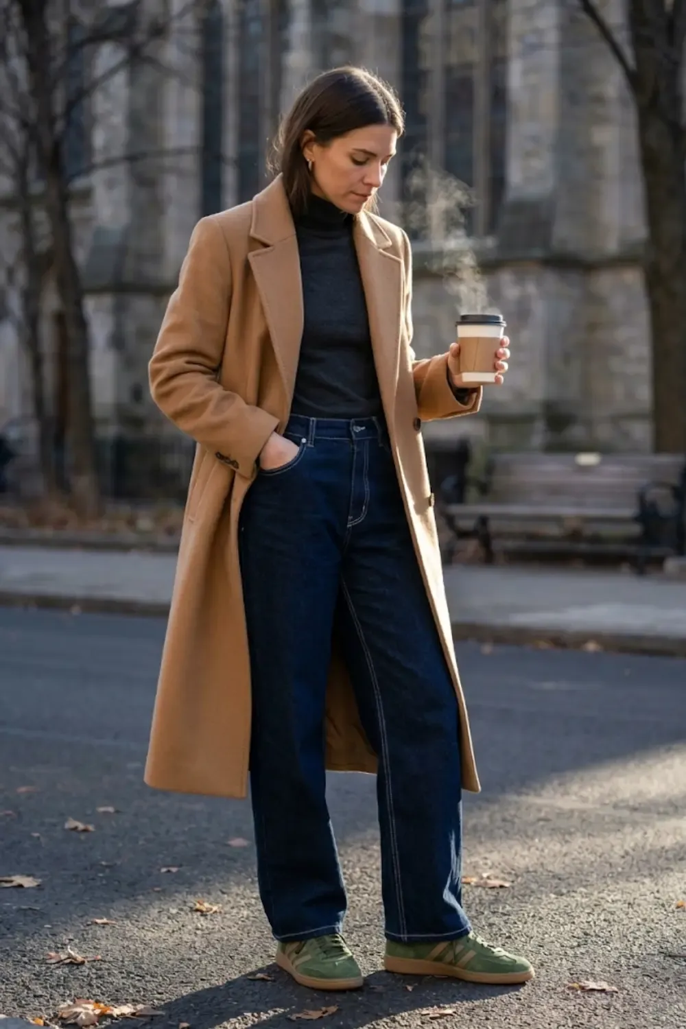 A woman standing on a crisp winter afternoon, wearing a heavy-duty wide-leg denim look designed for cold weather with Adidas Handball Spezial
