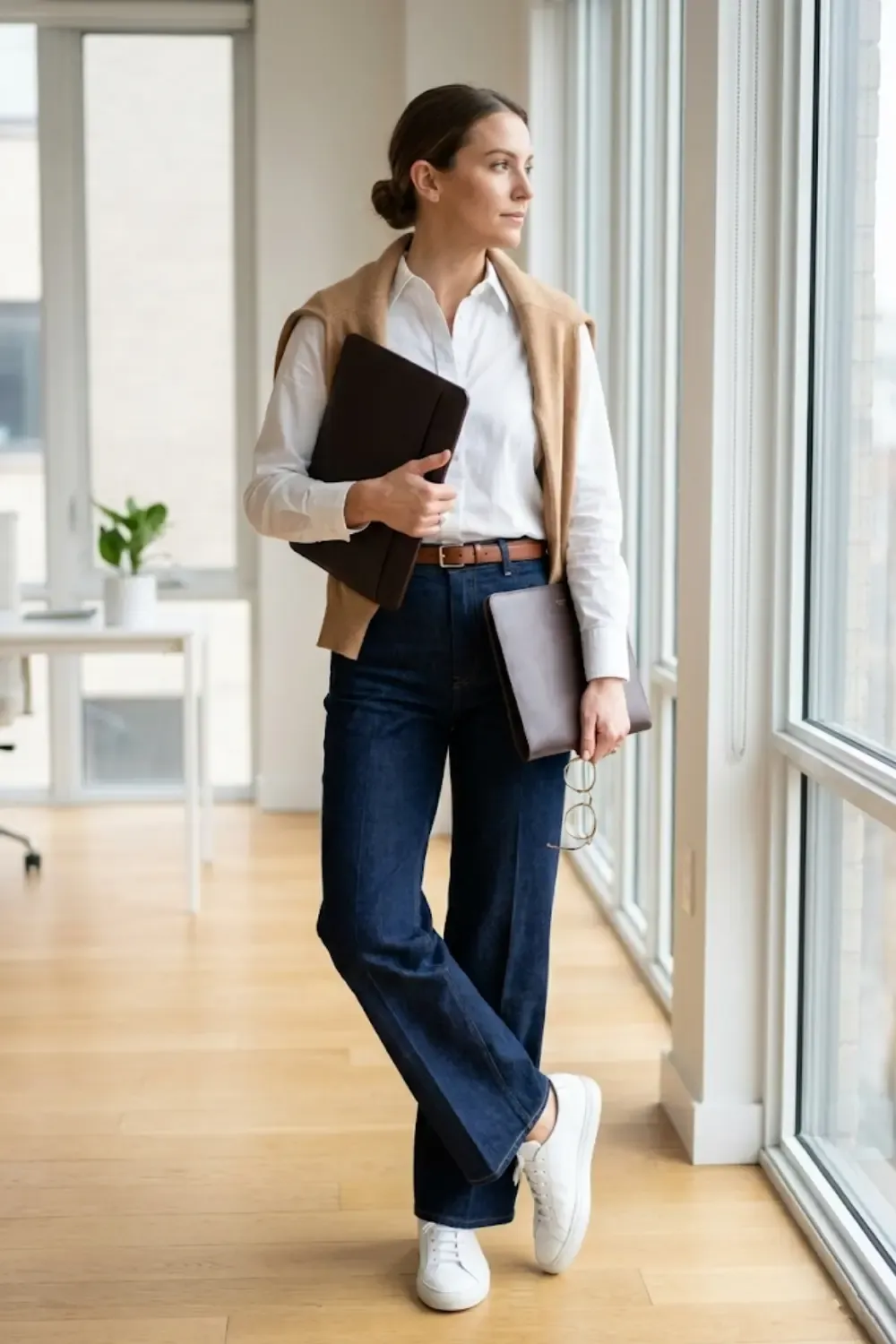 A professional woman standing in a sunlit, high-end loft office, embodying the 'quiet luxury' style with Common Projects Achilles Low
