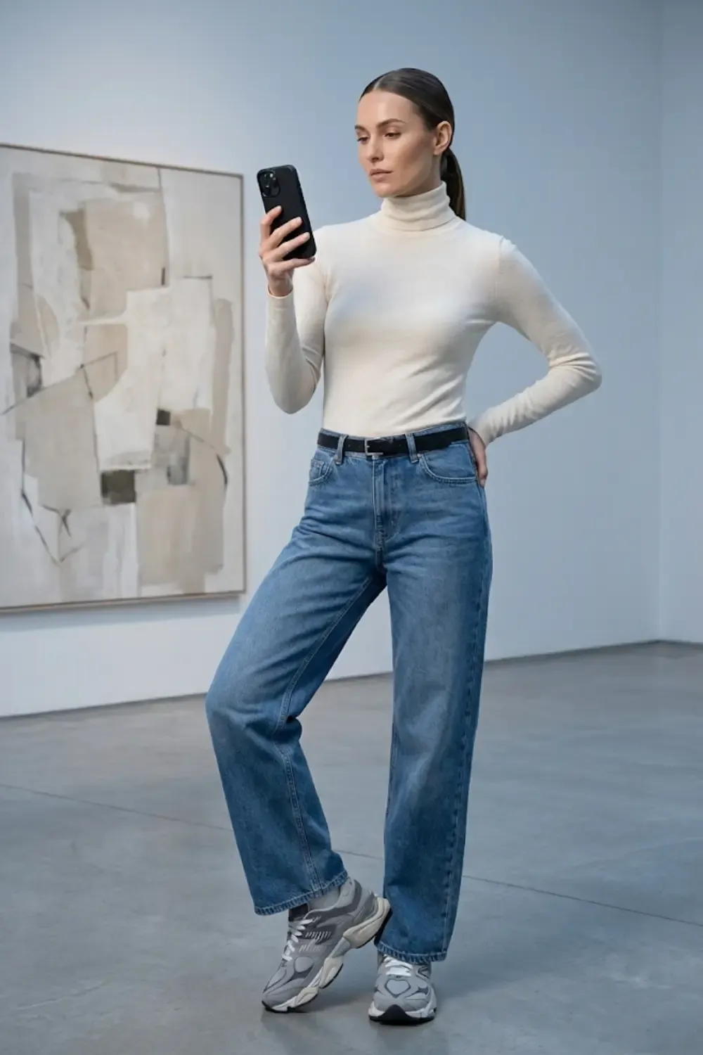 A woman standing confidently in a bright, modern gallery space, showcasing a perfectly balanced wide-leg denim look with New Balance 9060