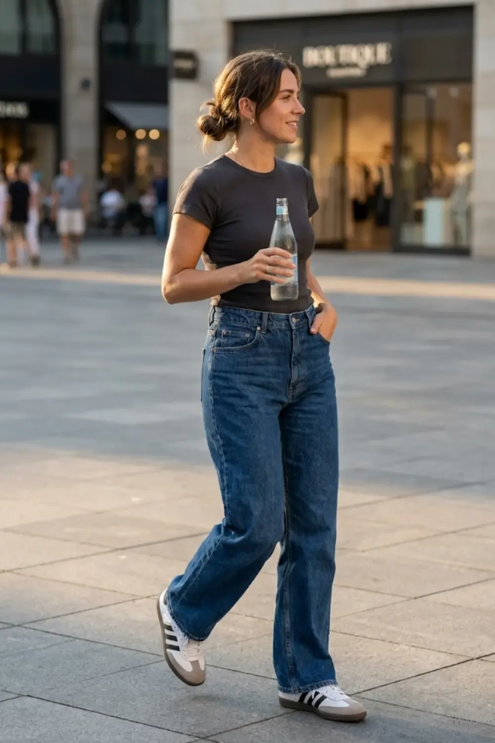 A stylish woman walking through a sunlit city square wearing high-waisted, wide-leg indigo denim and Adidas Samba OG.