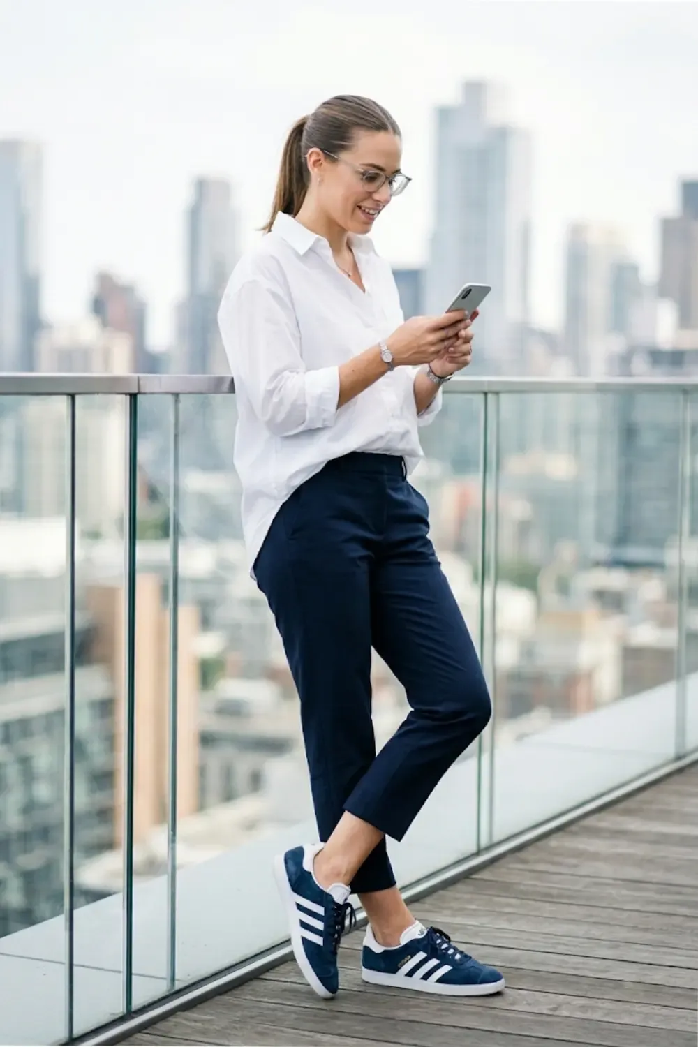An agile professional woman in a fast-paced tech environment, leaning against a glass-walled office balcony with navy blue Adidas Gazelle