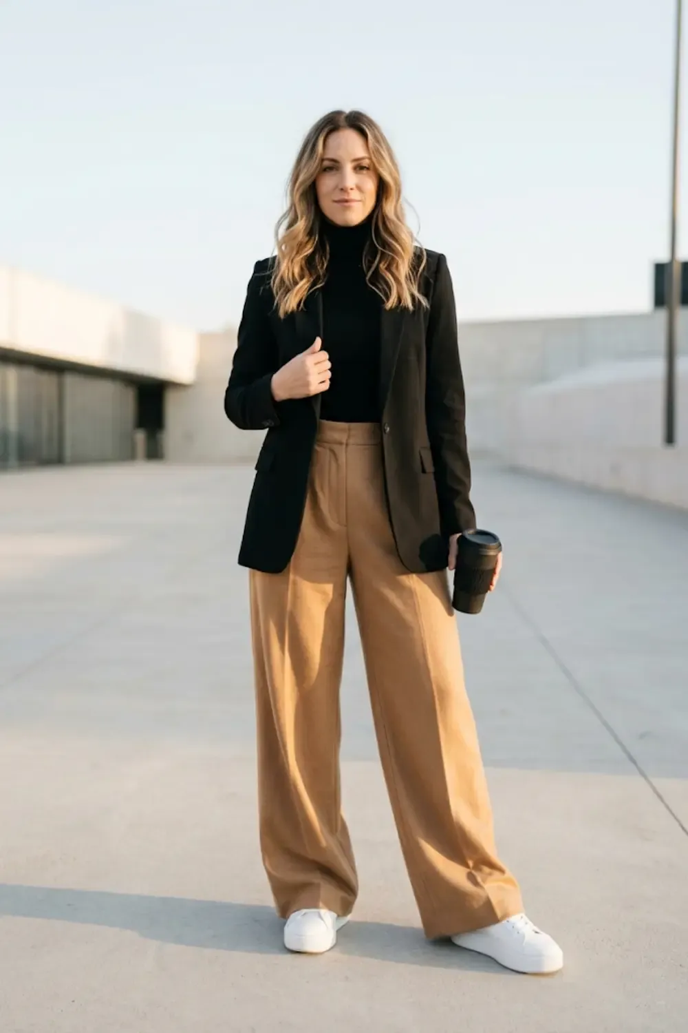A creative director with an eye for silhouette and volume,  fitted black turtleneck knit with Modern Platform Court Sneaker