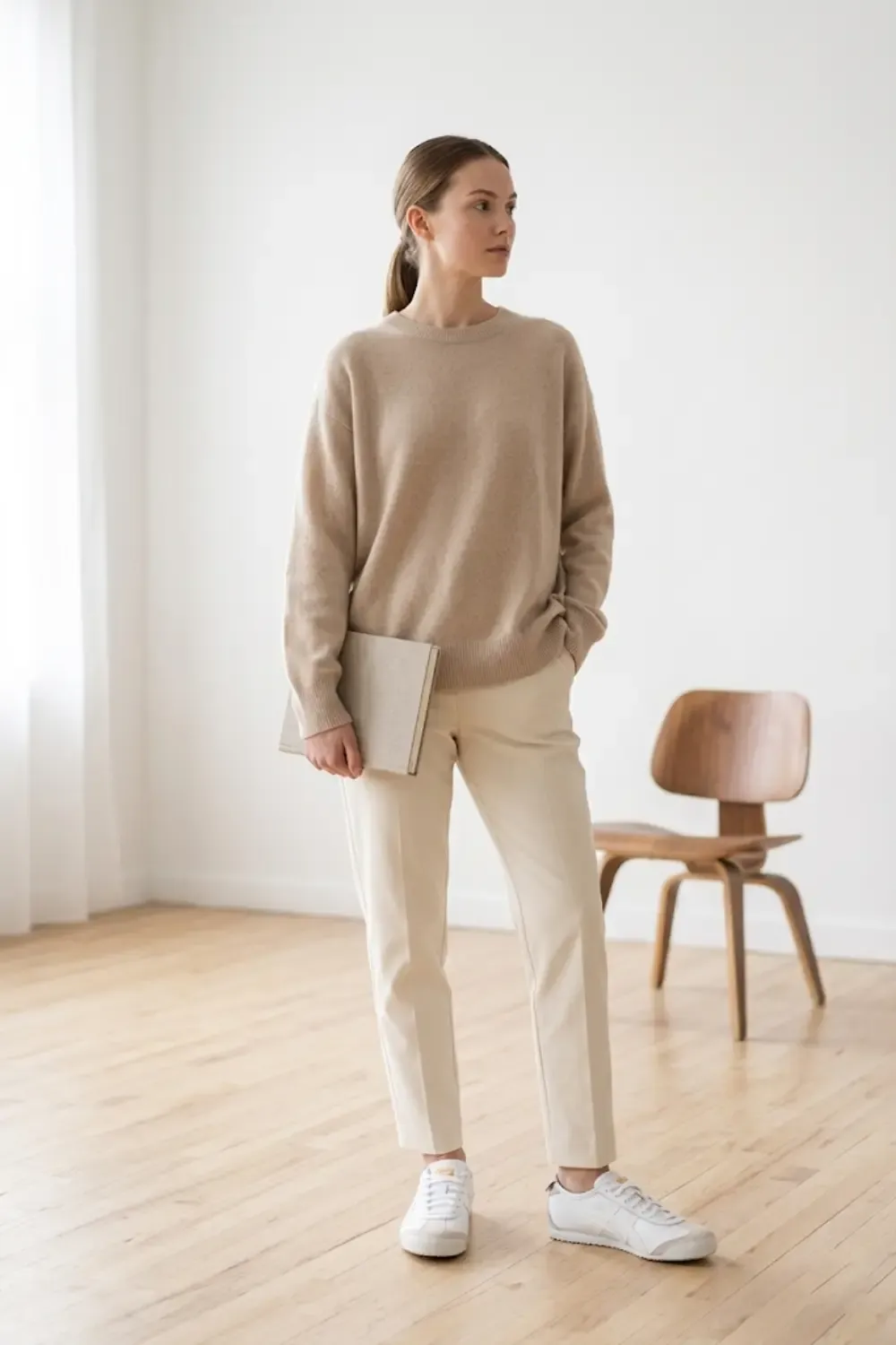 A minimalist enthusiast wearing the Onitsuka Tiger Mexico 66 white/white colorway